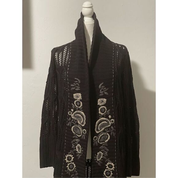 Lucky Brand long knit black cardigan Embroidered open  front S - Picture 7 of 7